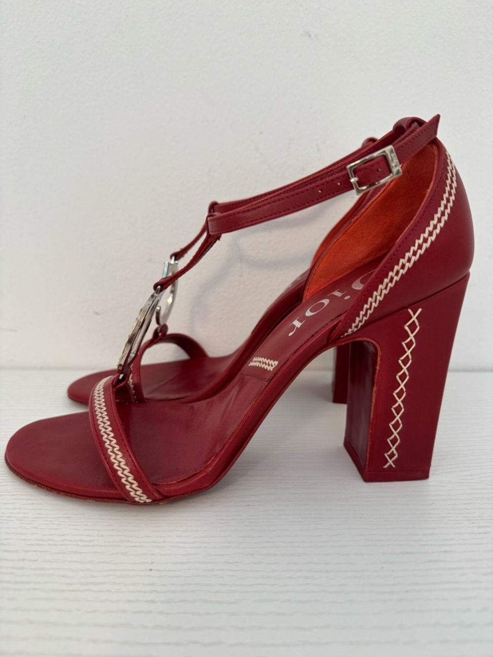 Dior Galliano 2005 Red Leather Charm Embroidered Block Heel Sandals EU 36.5 Y2K - Picture 4 of 7